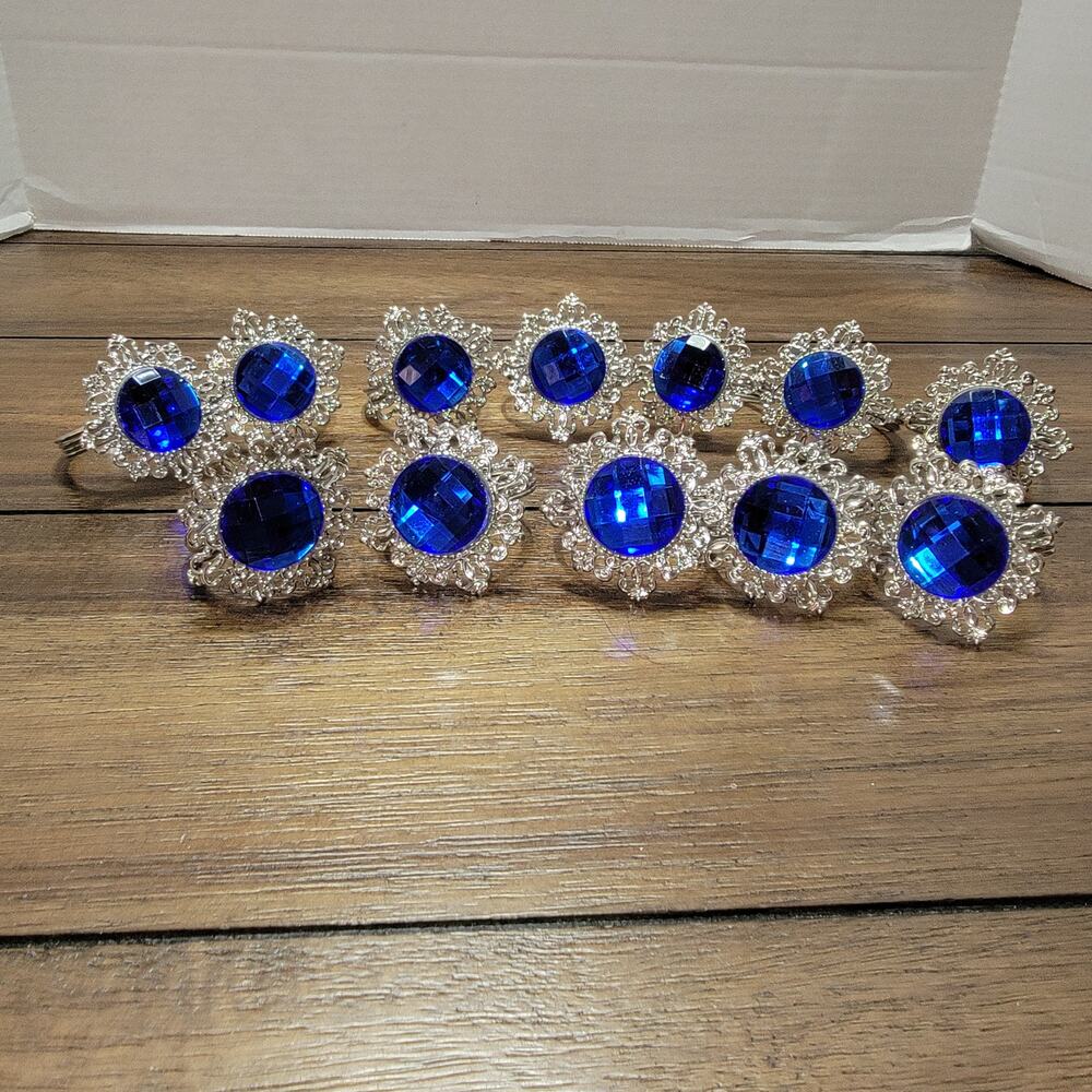 Set of 12 Royal Blue Silver Plated Iron Napkin Rings 2" Diameter
